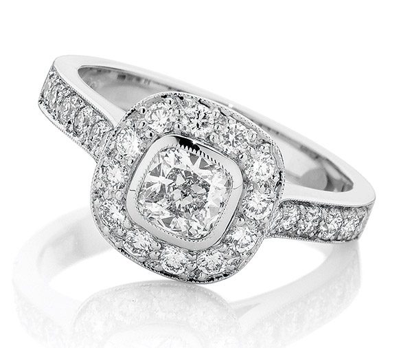 Aura Halo Cushion rubover halo diamond ring