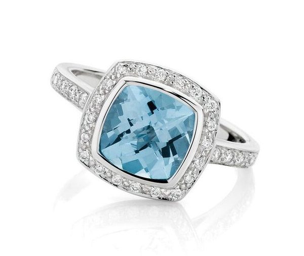 Azure Halo - blue topaz cushion halo engagement ring