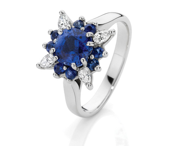 MIDNIGHT STAR – Diamond And ceylon sapphire cluster engagement ring