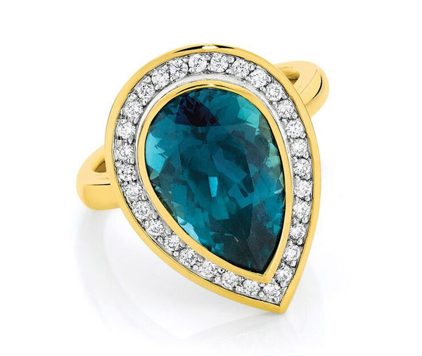 GALAXY HALO – Pear cut teal tourmaline and diamond halo engagement ring