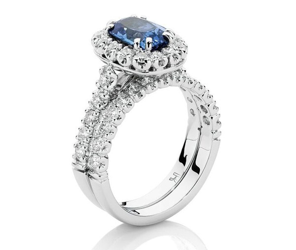 Oxford Halo Forever Diamond Halo Sapphire Engagement Amp Wedding Ring Set