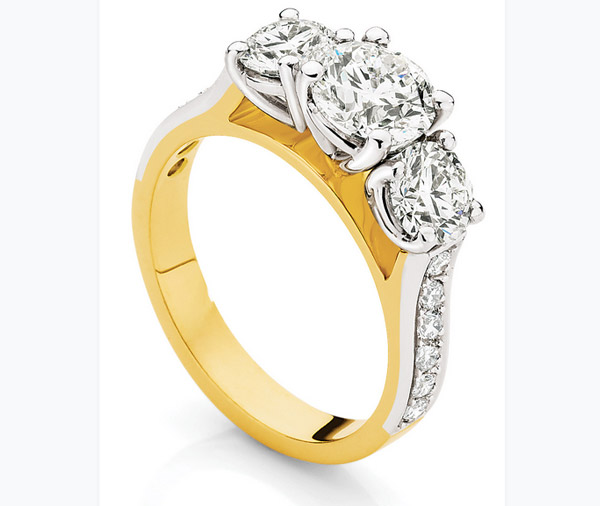 TRILOGY SUNRISE – Two tone gold three diamond engagement ring