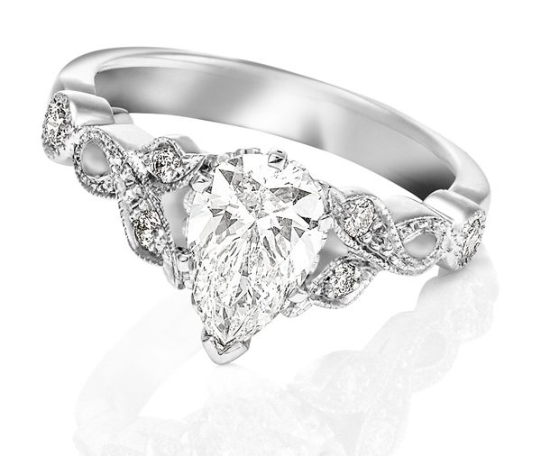 white gold pear cut shaped diamond ring with vintage vine band bead set with diamonds