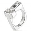 white gold square profile engagement ring with a semi bezel set emerald cut diamond and a baguette cut diamond