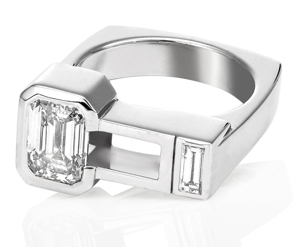 Charlotte – Emerald cut and Baguette cut Diamond Contemporary Engagement Ring