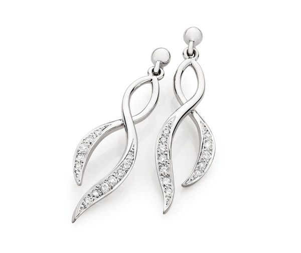 Diamond drop earrings grain set with small round brilliant cut diamonds in cross over wave design