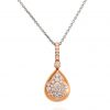 rose gold droplet shaped pendant speckled with assorted round brilliant diamonds on a white gold trace chain necklace
