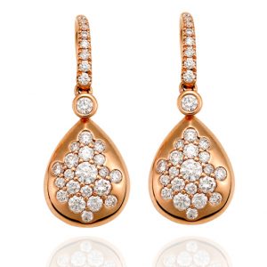 rose gold droplet shaped earrings speckled with assorted sizes of round brilliant diamonds