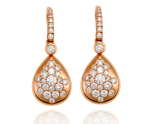 rose gold droplet shaped earrings speckled with assorted sizes of round brilliant diamonds