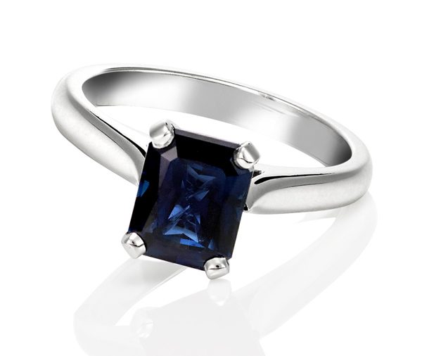 white gold emerald cut Australian sapphire solitaire engagement ring