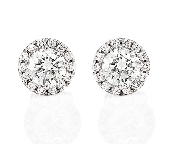 white gold round diamond micro claw halo stud earrings