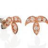 rose gold leaf stud earrings grain set with round diamonds
