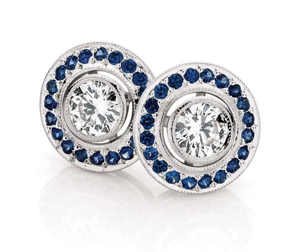 SAPPHIRE SEAS – Diamond and sapphire halo stud earrings