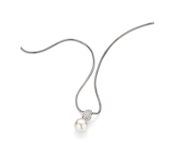 white south sea pearl drop suspended beneath a pave diamond bale on a snake chain