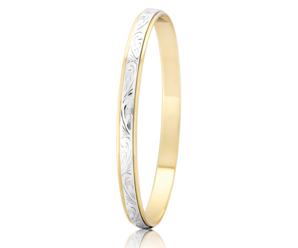 WHITE GOLD SCROLL – WHITE AND YELLOW GOLD ENGRAVED BANGLE