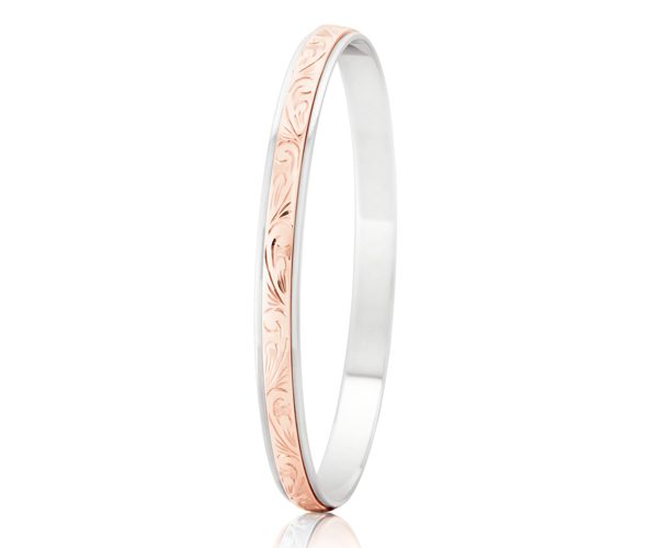ROSE GOLD SCROLL – ROSE AND WHITE GOLD ENGRAVED BANGLE