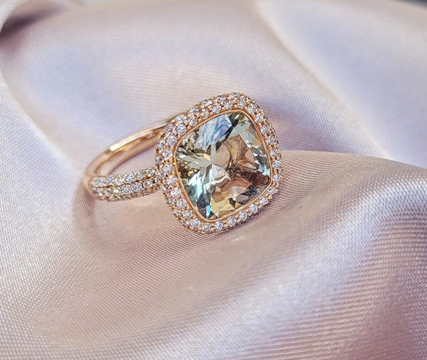 Green Beryl – Rose gold green beryl and pave diamond dress ring